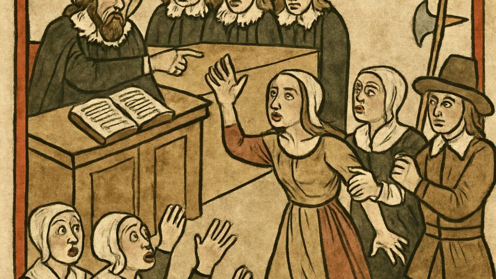 Illustration of a Salem witch trial showing a judge pointing from a bench with an open book, while a distressed woman raises her hand as others restrain her and onlookers react in fear.