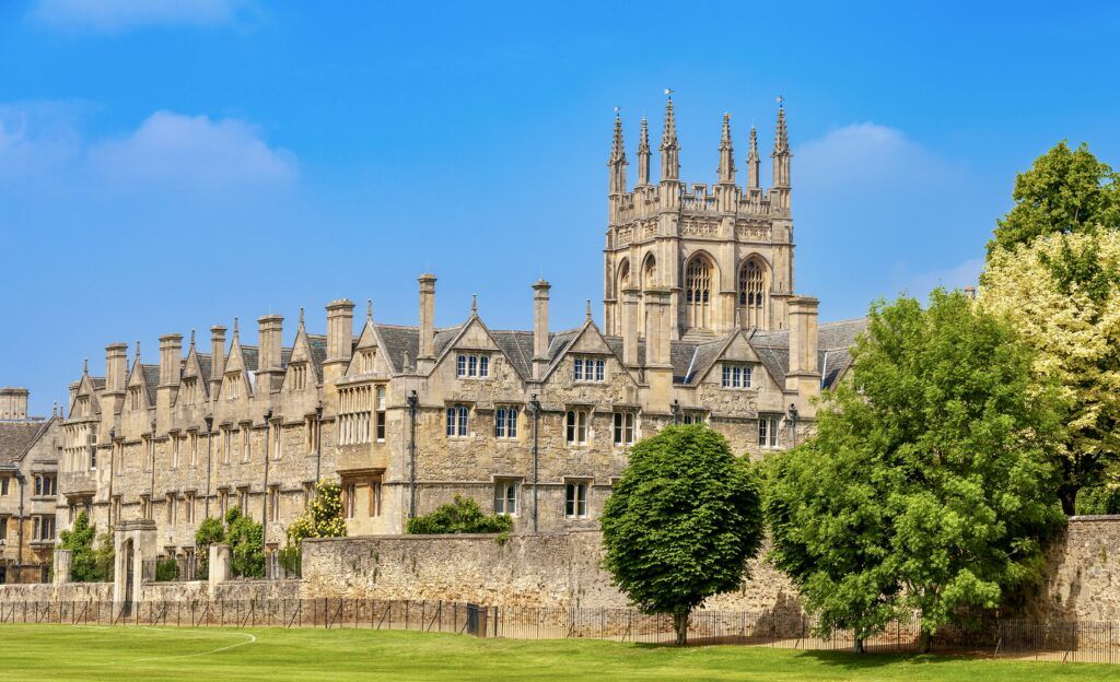 Gothic facade of Merton College in Oxford