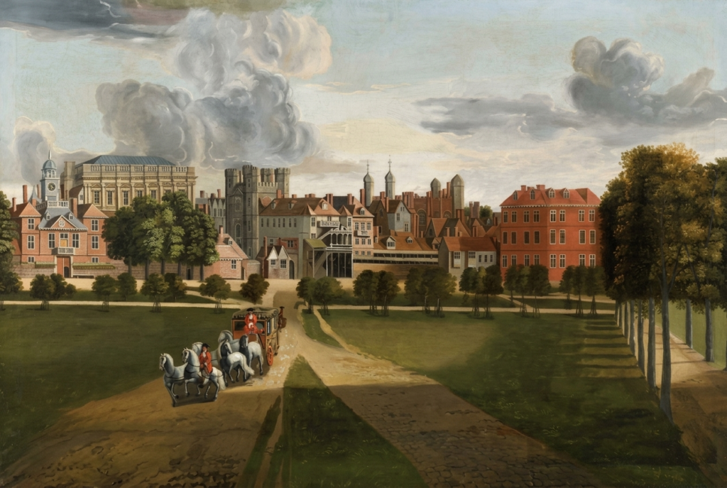 Hendrick Danckerts' panoramic view of Whitehall Palace from St. James's Park, painted in the 1670s