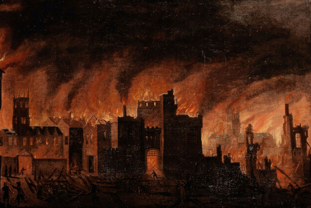 Jan Griffier the Elder (attributed), The Fire at Whitehall Palace, 1698