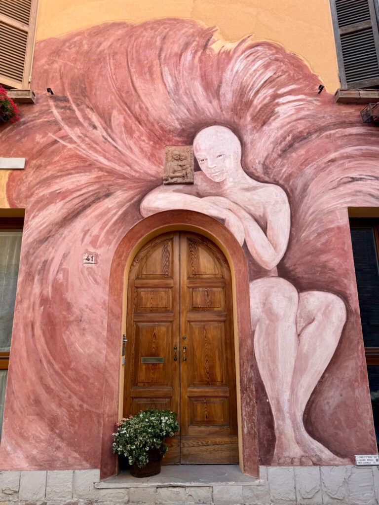 street art mural of an abstract flower and woman around a door frame
