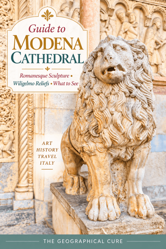 pin graphic for guide to Modena Cathedral showing  a lion on a portal