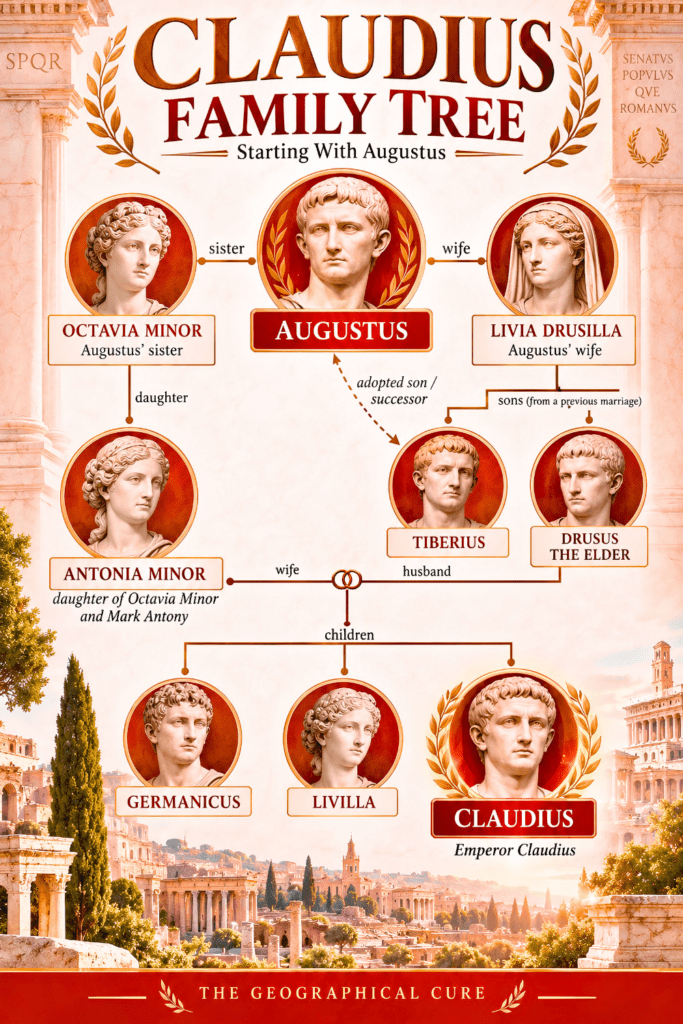 pin graphic for Claudius biography showing his family tree