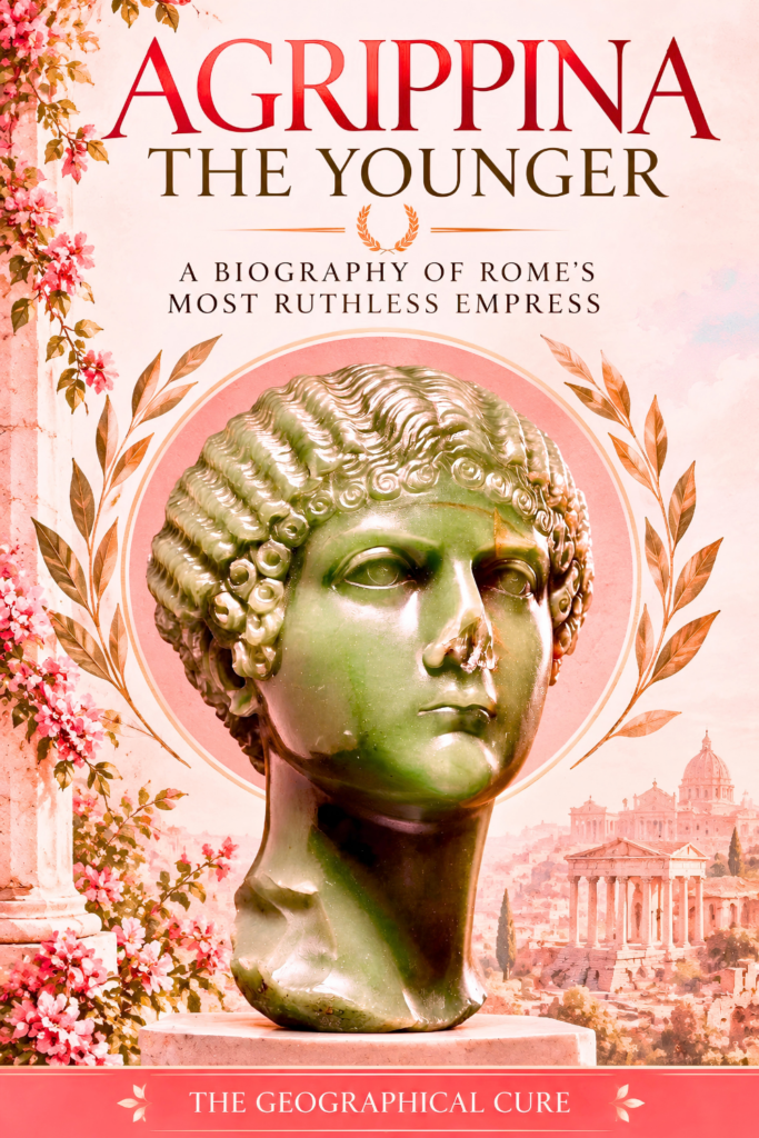pin graphic for Agrippina the Younger biography showing a bust of the Empress