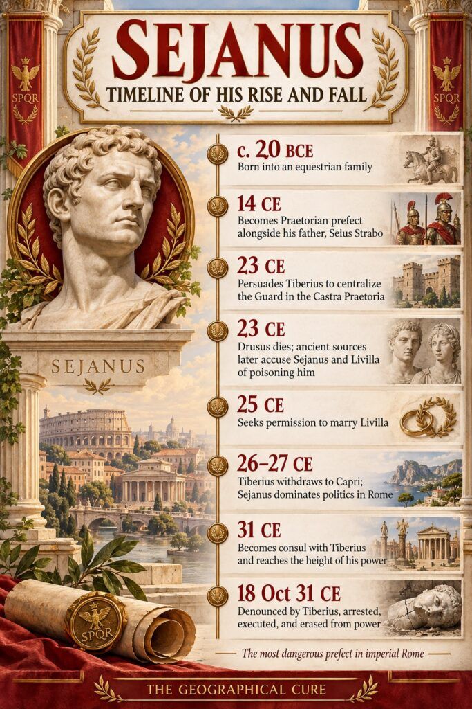 pin graphic for Sejanus biography showing a timeless of his life
