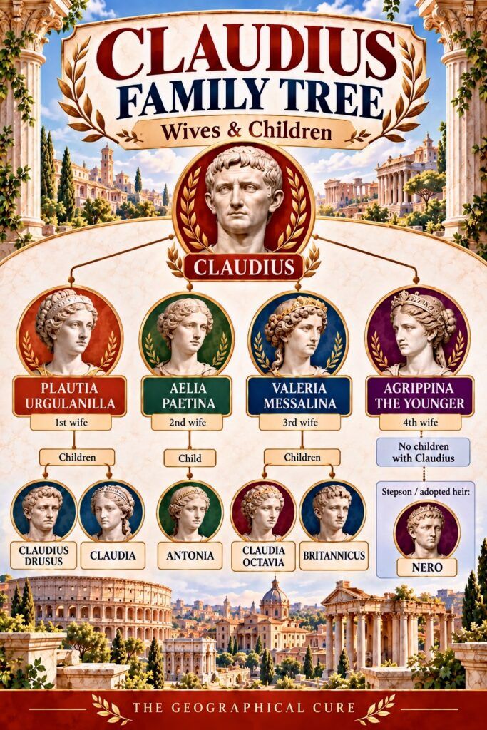 Claudius' family tree showing his marriages and children