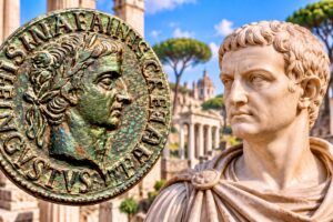 graphic with a coin of Sejas and a bust of Tiberius