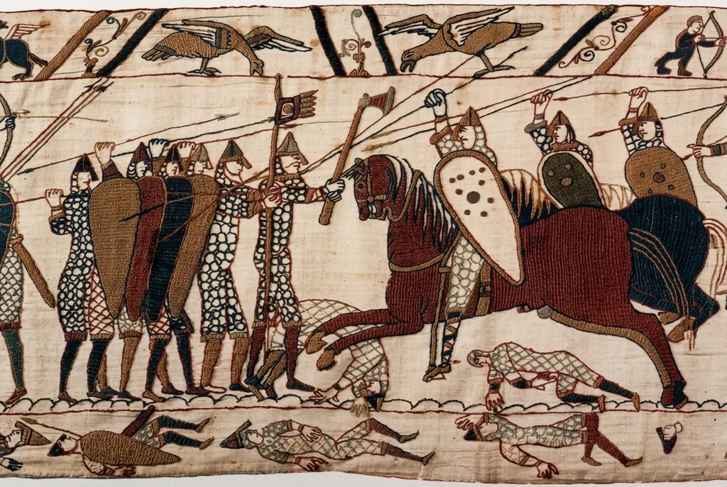English defeat at the Battle of Hastings shown in the Bayeux Tapestry