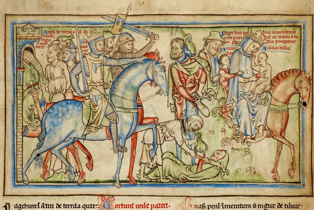 13th century manuscript of Sweyn Forkbeard riding a blue horse battling the Anglo-Saxon King Aethelred