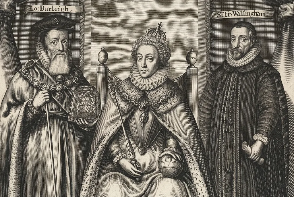 Engraving of William Cecil (left), Elizabeth I (center) and Francis Walsingham (right), by William Faithorne, 1655