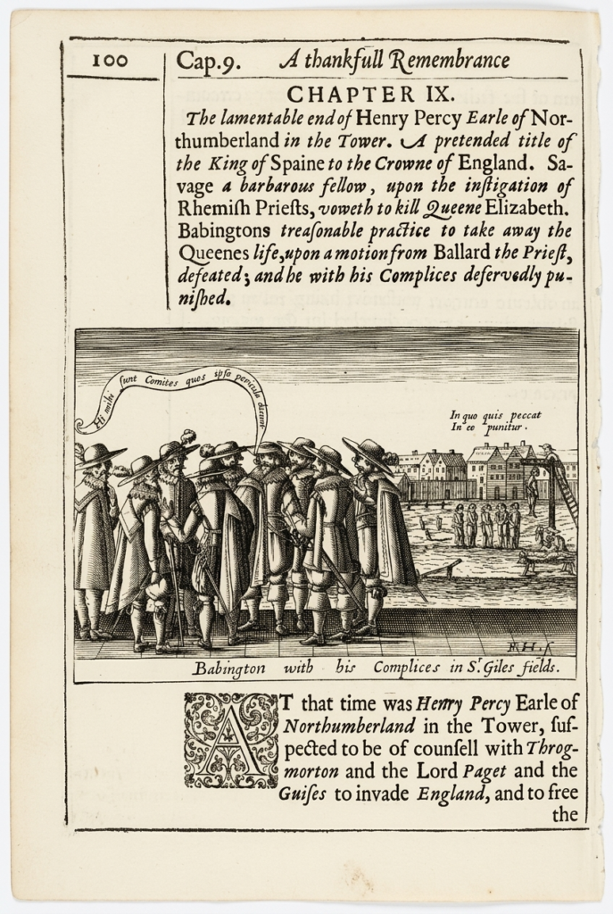 17th-century depiction of Babington and the conspirators meeting in St. Giles’s Fields