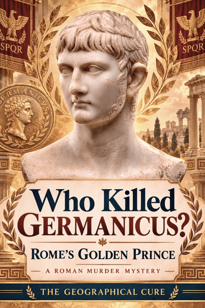 pin graphic for who killed Germanicus showing a bust of the prince