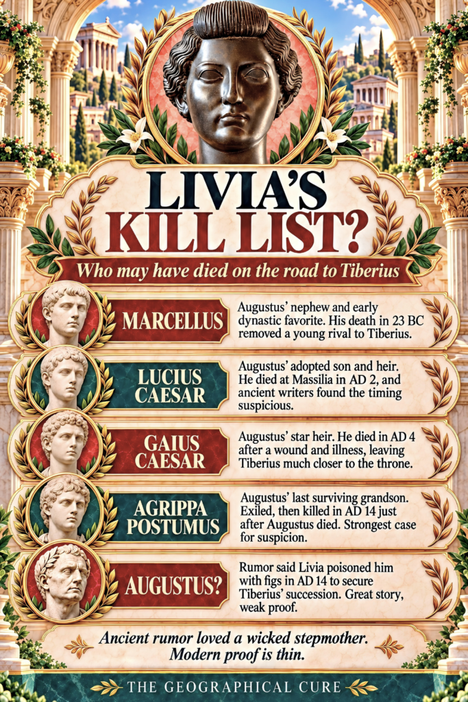 pin graphic for Livia biography showing a list of people she might have killed