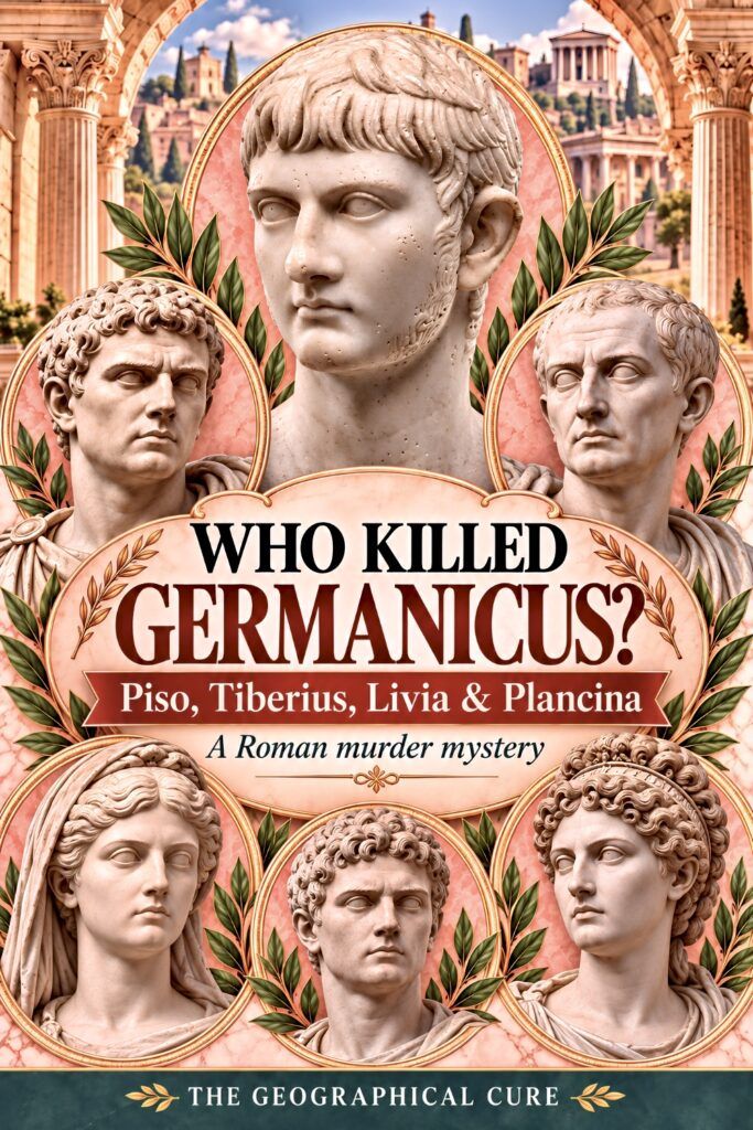 pin graphic for an article on who killed Germanicus showing the suspects