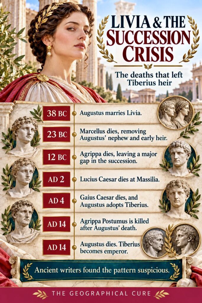 pin graphic with a timelines of the events in Livia's life