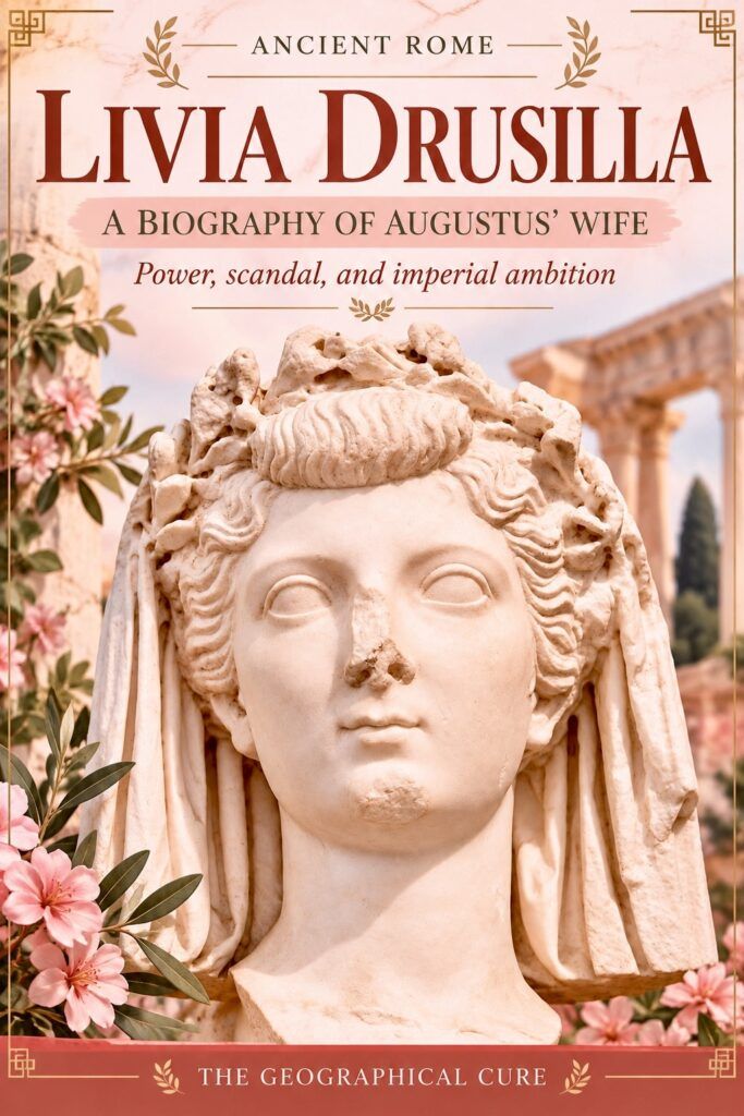 pin graphic for biography of Livia, showing a bust of the empress