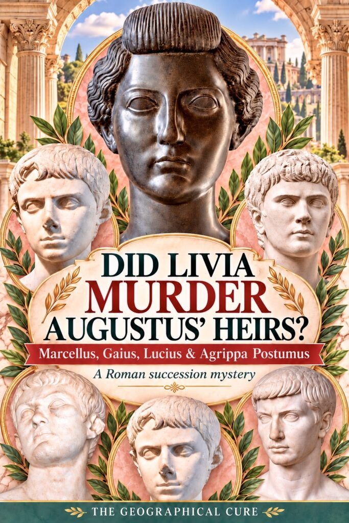 pin graphic for Livia biography show the empress and the heirs she might have murdered