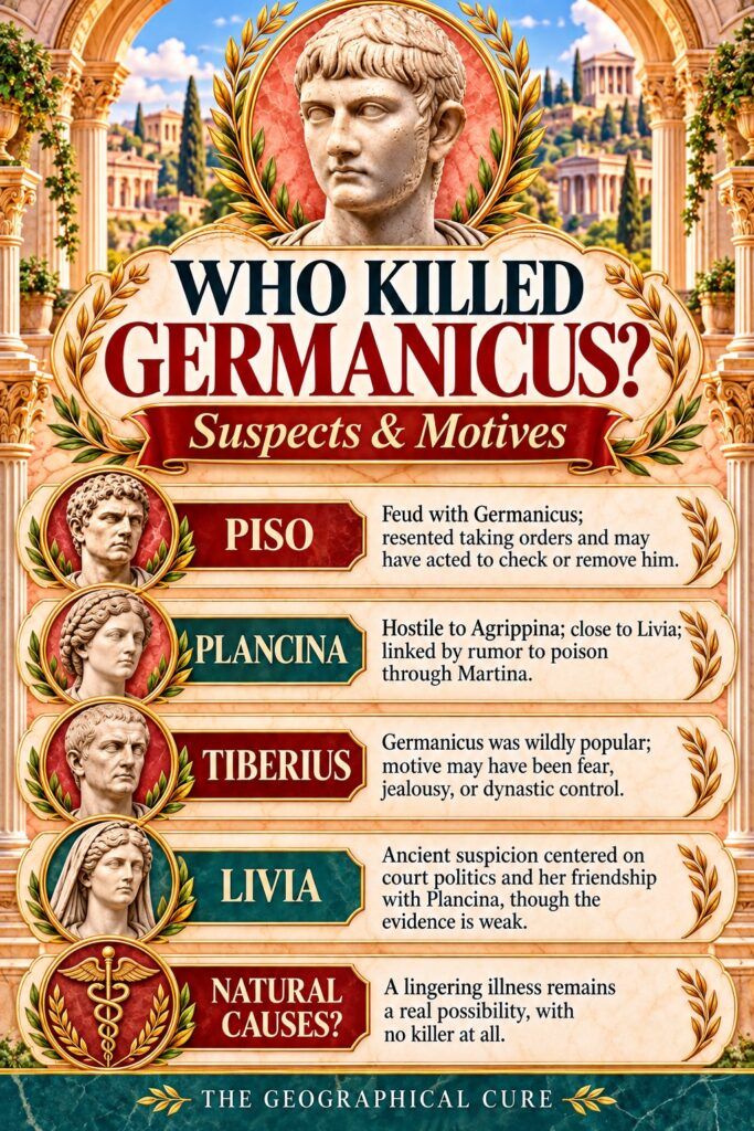 pin graphic showing the possible suspects for Germanicus' killing